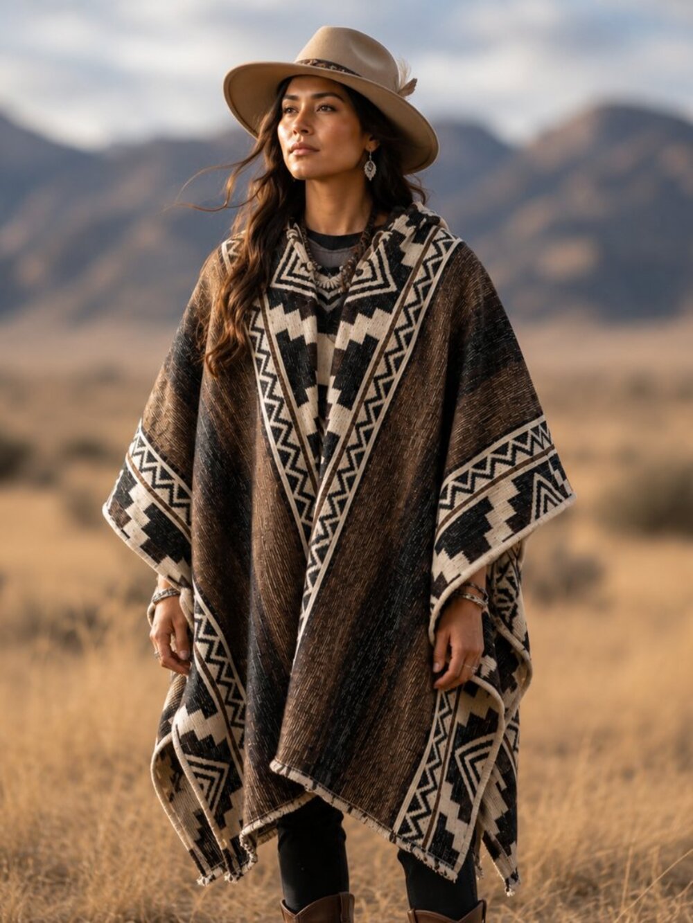 Handwoven Unisex Native American Hooded Wool Poncho - 100% Wool Pullover Coat
